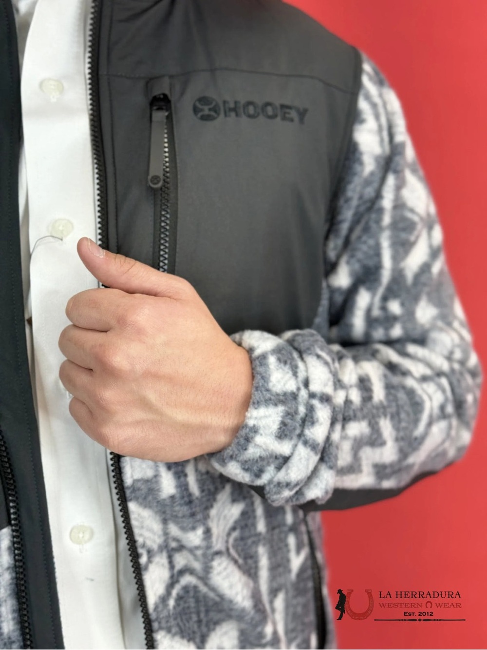 Hooey Gray & White Patterned Fleece Jacket with Dark Gray Panels
